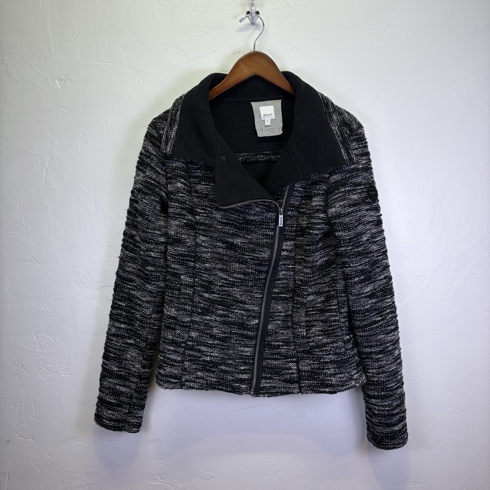 Bench Woman's Jacket Size L Black White Tweed Asymmetric Zip Knit Moto Sweater